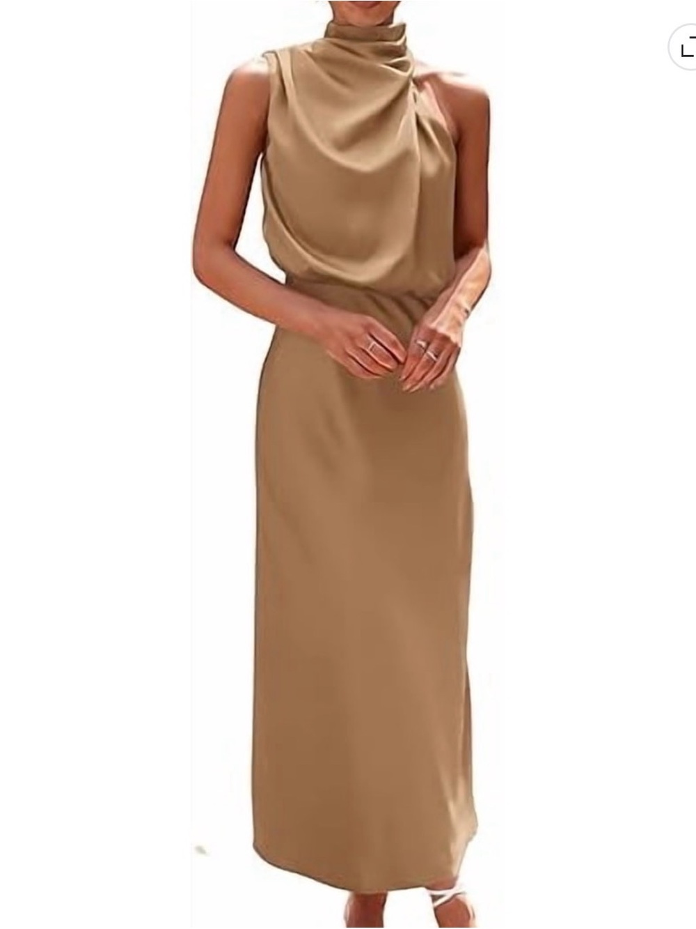 Sleeveless Tan High-Neck Maxi Dress
